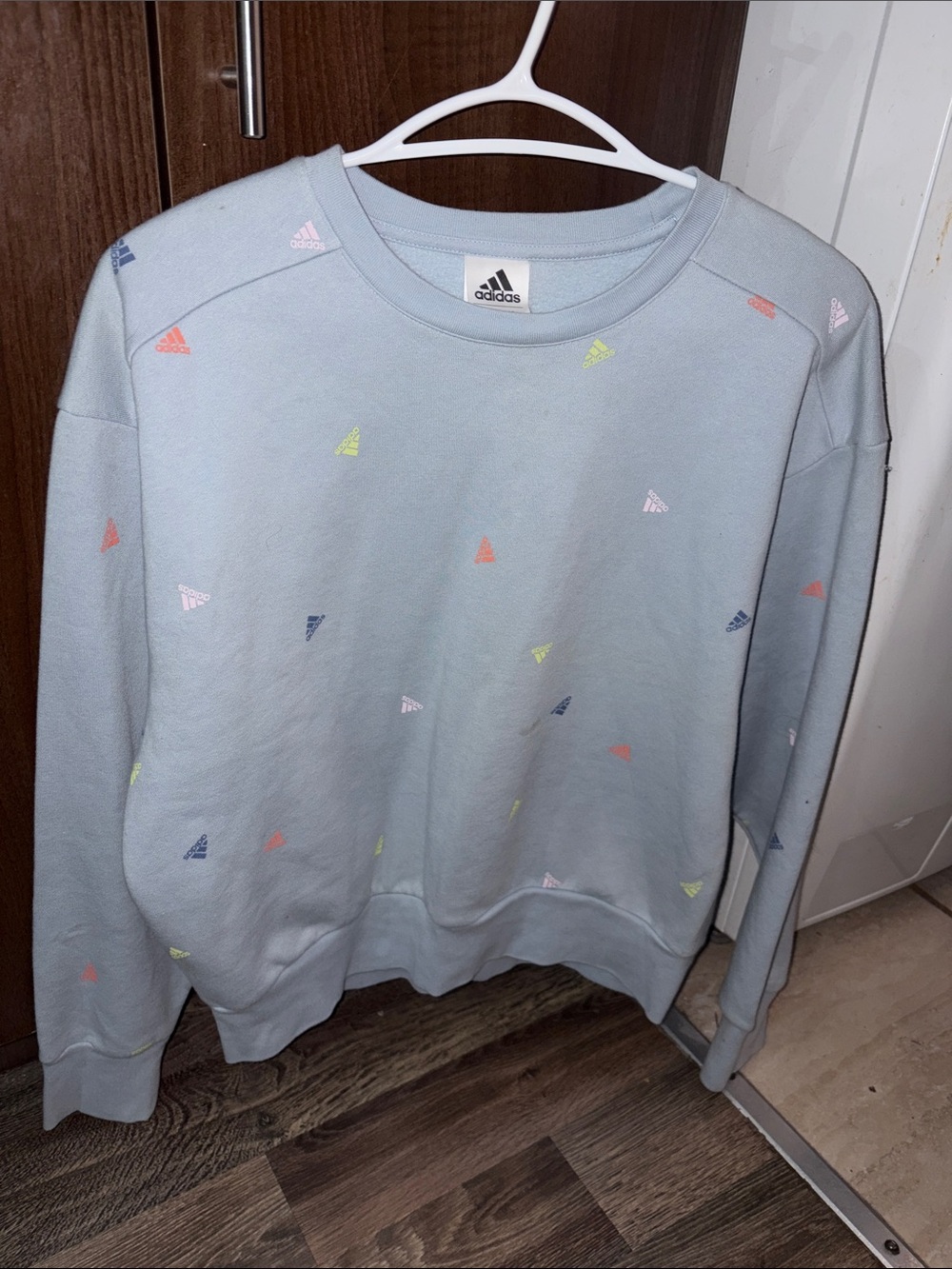 adidas Light Blue Crewneck with Multicolor Mini Logos